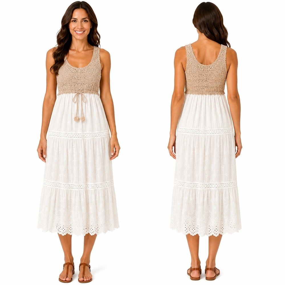 Anthropologie Crochet Eyelet Midi Dress Women 1X Tan White Boho Plus